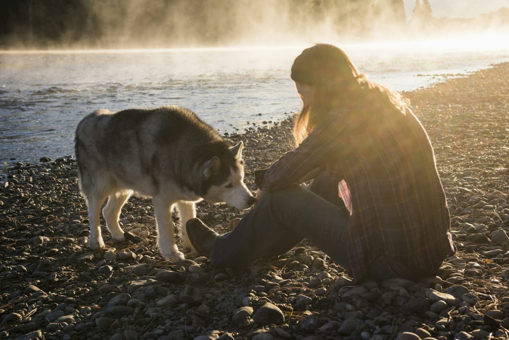 Woman sitting on bank of Bitterroot River stroking dog, Missoula, Montana, USA